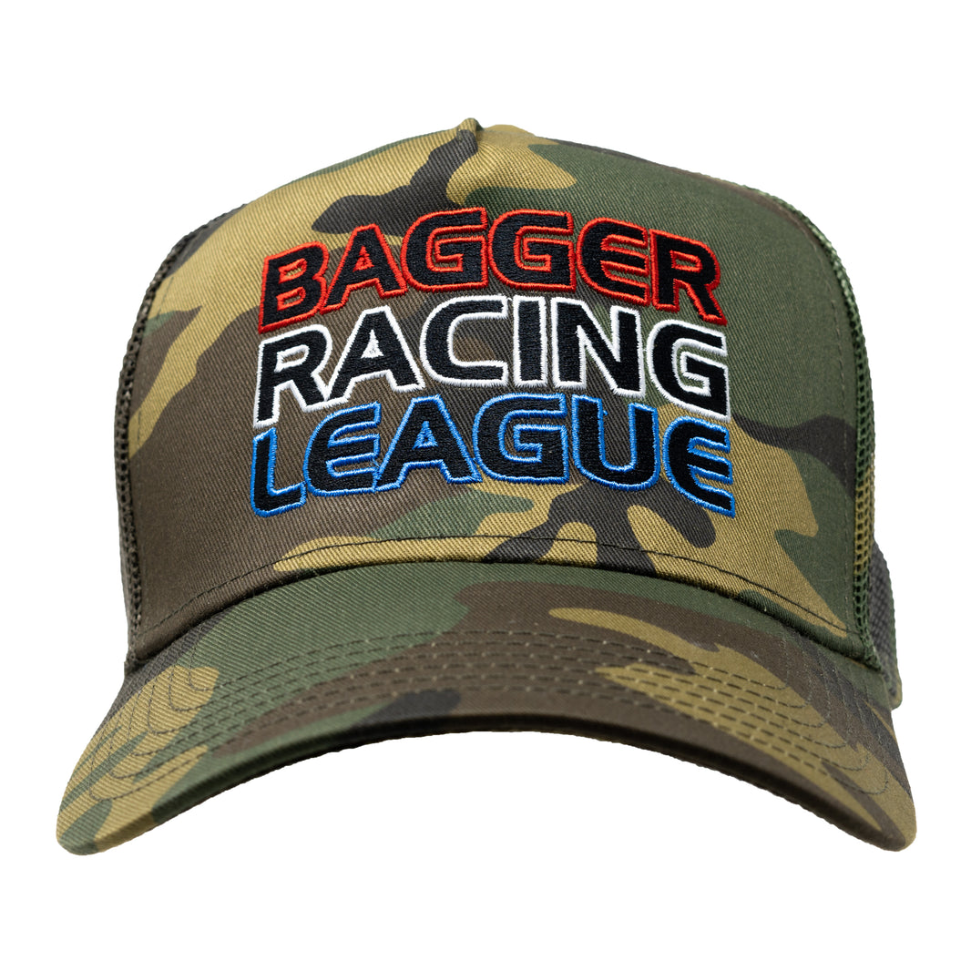 Bagger Racing League Trucker Hat - Curved Bill - Camo - Stacked Logo